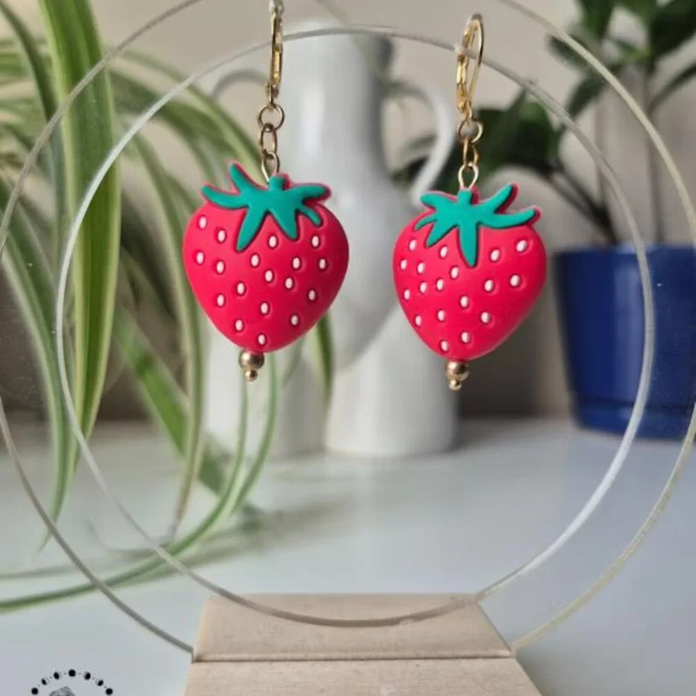 Cute Strawberry Earrings | Silicone Strawberry Beads - Picture 5 of 6